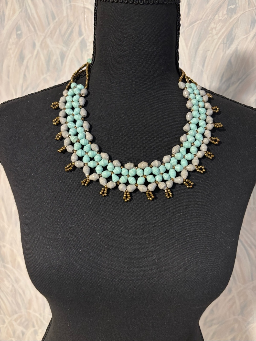 Teng Yue Handcrafted Aqua and Gray Beaded Statement Necklace 21”